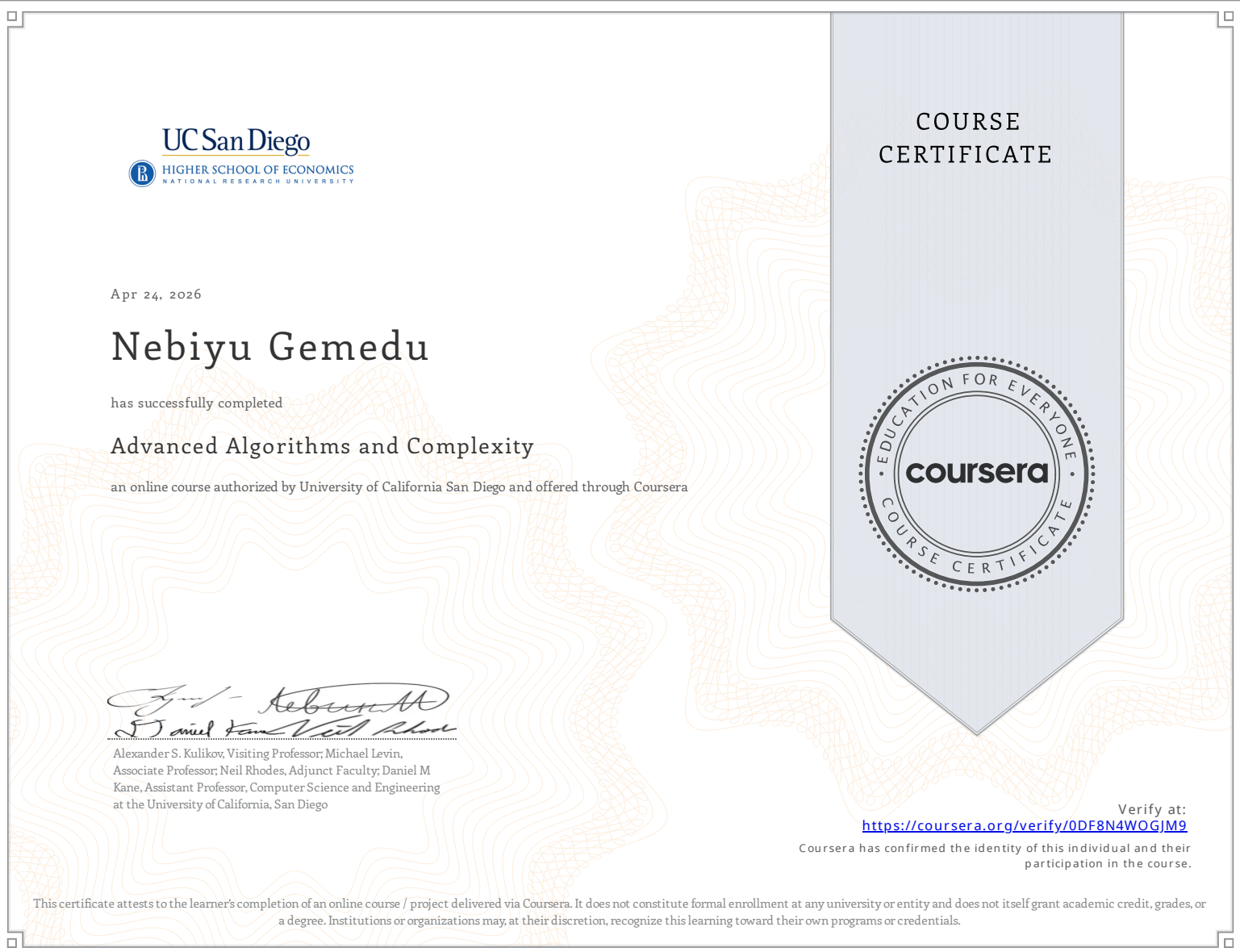 Advanced Algorithms & Complexity certificate