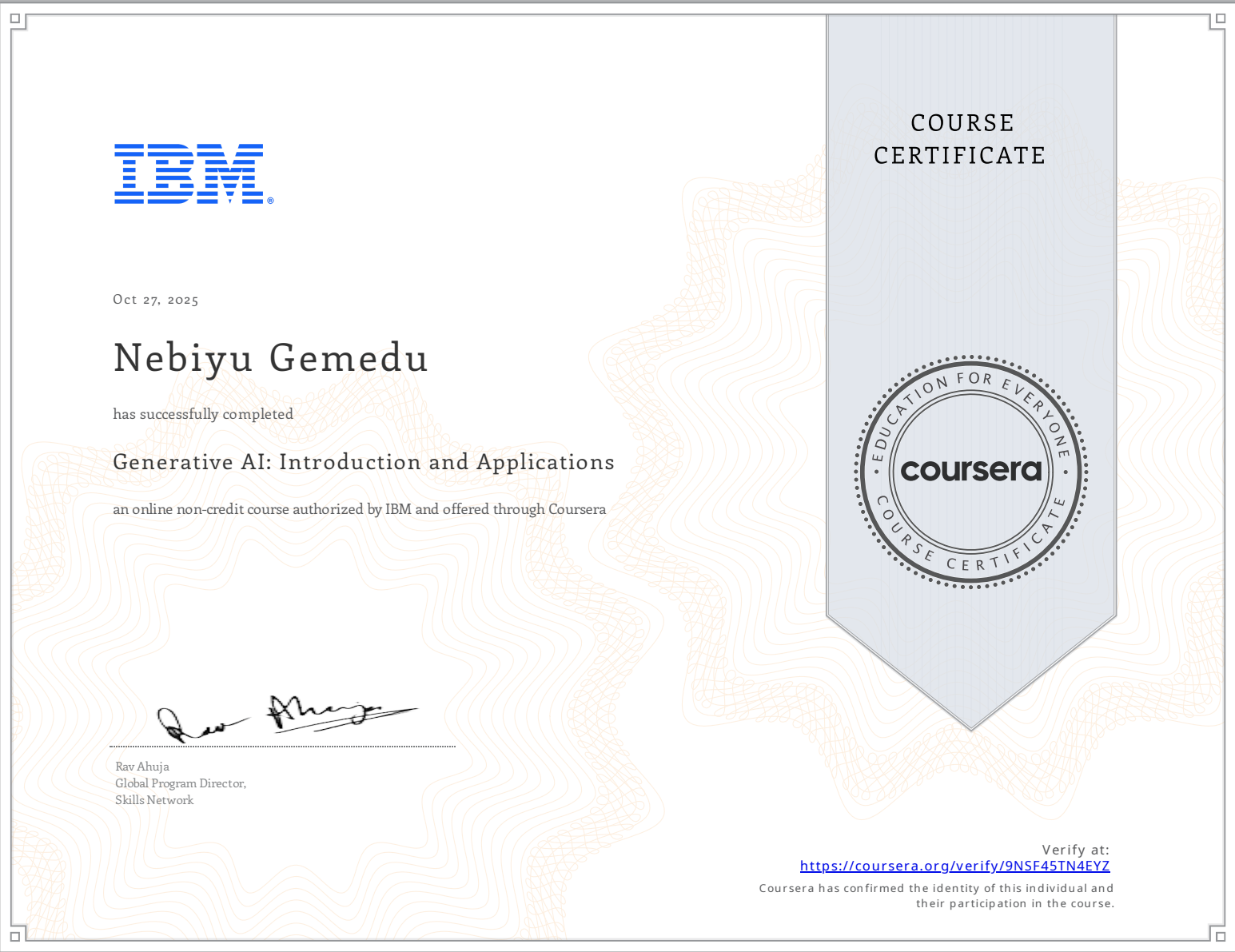 Generative AI: Introduction & Applications certificate