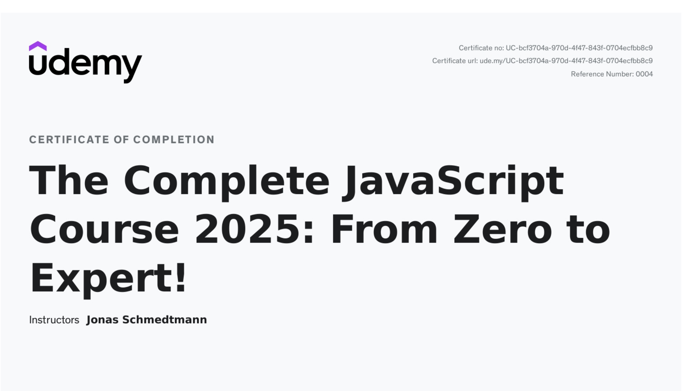 The Complete JavaScript Course certificate